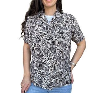 Vintage Anna and Frank 100% Silk Animal Print Safari Short Sleeve Shirt Sz Large